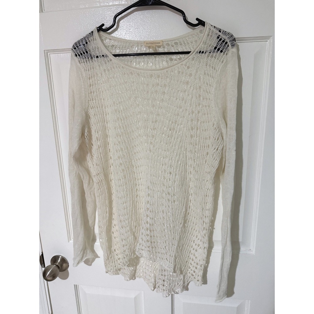 Eileen Fisher White 100% Organic Linen Open Knit Pointelle Sweater Top XL
